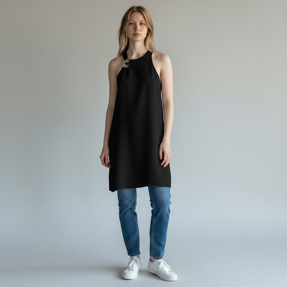 Future Collective Halter Sheath Dress Sz 6 Black Gold Abstract Ring Linen Blend